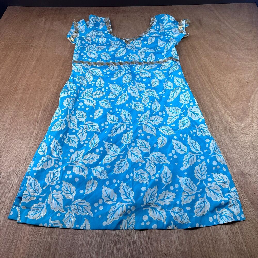 Tiffany Fashions Light Blue Leaf Print Dress Gold Trim Fit Flare S M
